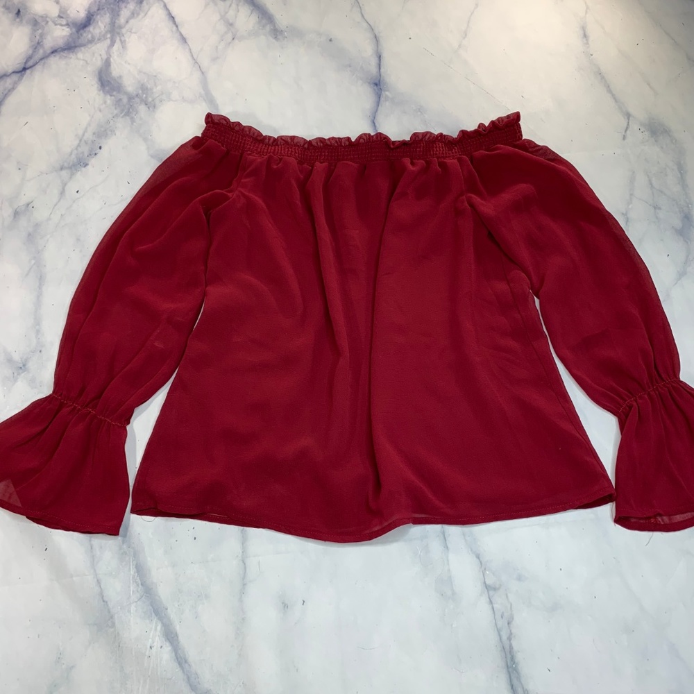 Wayf Red Off Shoulder Bell Long Sleeve Blouse - Picture 4 of 8